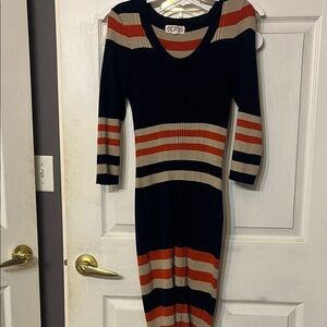 Pink Rose Striped Long Sleeve Dress - Navy, Beige, Rust